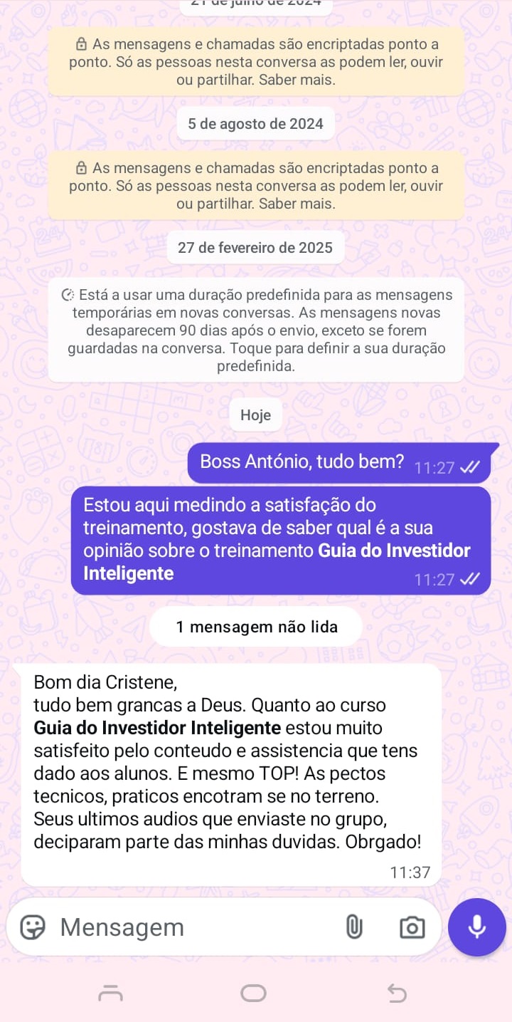 Depoimento de aluno no WhatsApp